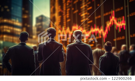 Stock traders from behind looking at financial graph on big screen. Equity or share trading concept. Generative AI Stock traders from behind looking at financial graph on big screen. Equity or share trading concept. Generative AI 122900266