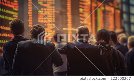 Stock traders from behind looking at financial graph on big screen. Equity or share trading concept. Generative AI Stock traders from behind looking at financial graph on big screen. Equity or share trading concept. Generative AI 122900267