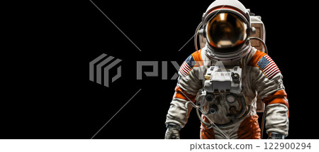Portrait of astronaut floating in space. Front view on spacesuit technology. Generative AI 122900294