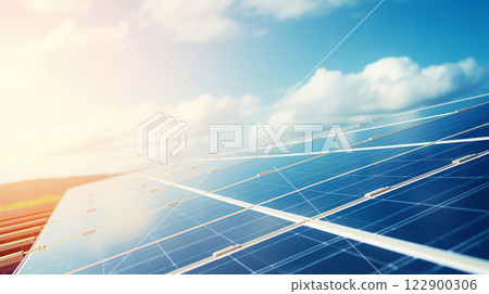 Closeup of Solar panels against blue sky with clouds. Solar energy generation. Renewable energetics. Generative AI 122900306