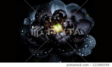 Black Peony flowers with water drops background. Closeup of blossom with glistening droplets. Generative AI 122900349