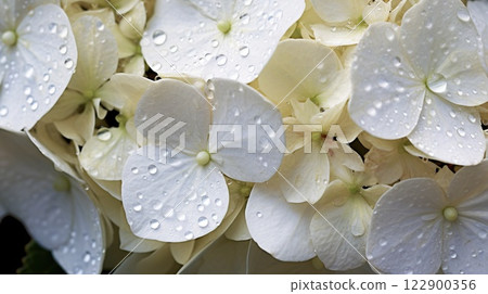 White Hydrangeas flowers with water drops background. Closeup of blossom with glistening droplets. Generative AI 122900356