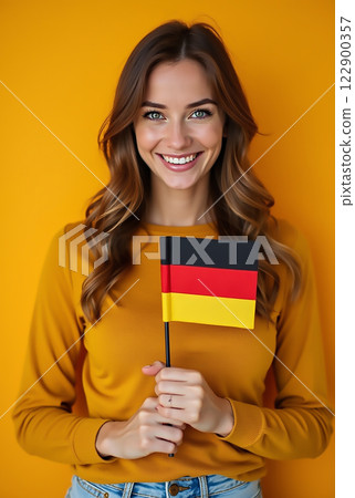 Woman proudly holds small German flag against a vibrant yellow background while smiling brightly during a celebration 122900357