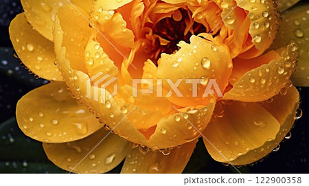 Yellow Peony flowers with water drops background. Closeup of blossom with glistening droplets. Generative AI 122900358