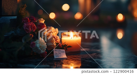 Burning candle and flowers commemorating president's day in usa 122900416