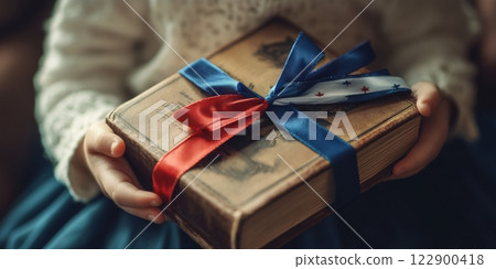 Child holding a gift wrapped book for president's day in the usa 122900418
