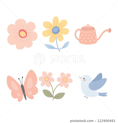 Colorful Pastel Elements Set of Bird Butterfly with Flower Floral and Watering Plant in the Park 122900483