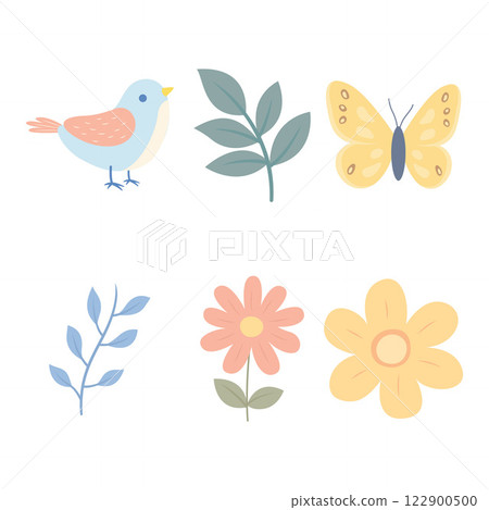 Colorful Pastel Elements Set of Bird Butterfly with Flower Floral in the Park Colorful Pastel Elements Set of Bird Butterfly with Flower Floral in the Park 122900500