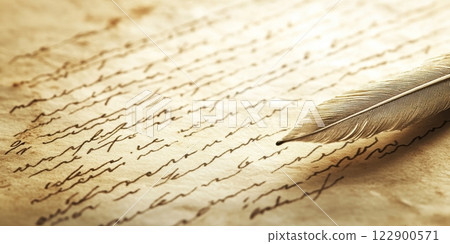 Feather pen resting on aged paper with handwritten script celebrating president's day 122900571