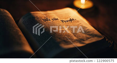 United states constitution open on we the people illuminated by candlelight 122900575