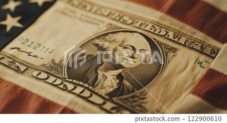 One dollar bill resting on american flag celebrating president's day 122900610