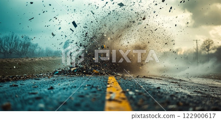 Tornado destroying asphalt road and spreading debris 122900617