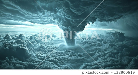 Huge tornado forming above cloudy ocean creating dramatic scene 122900619