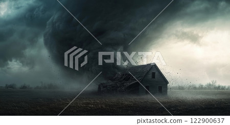 Powerful tornado destroying abandoned farmhouse in the countryside 122900637