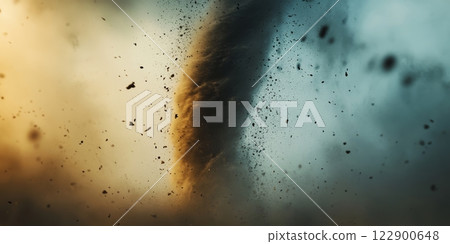 Powerful destructive tornado rotating and causing damage with debris 122900648