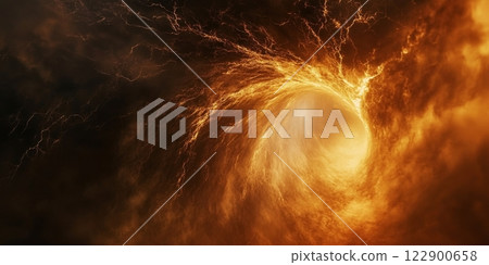 Swirling orange tornado creating dramatic sky with lightning Swirling orange tornado creating dramatic sky with lightning 122900658