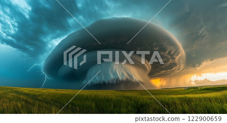 Supercell storm generating a tornado over green fields at sunset with lightning strike 122900659