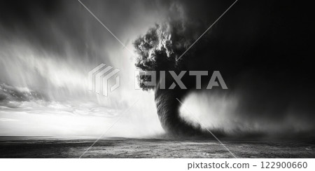 Huge tornado touching down on empty landscape during storm Huge tornado touching down on empty landscape during storm 122900660