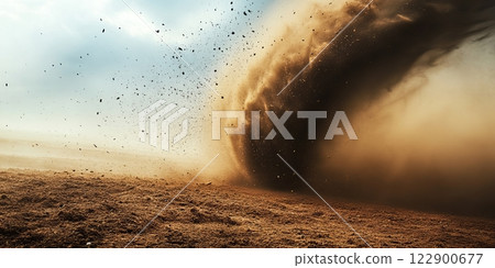 Powerful dust devil sweeping across dry landscape 122900677