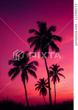 Silhouettes of tall palm trees against sunset bright pink and purple sky in glamorous kitsch style. Tropical landscape.  122900715