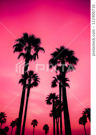 Silhouettes of tall palm trees against sunset bright pink and purple sky in glamorous kitsch style. Tropical landscape. Silhouettes of tall palm trees against sunset bright pink and purple sky in glamorous kitsch style. Tropical landscape. 122900716