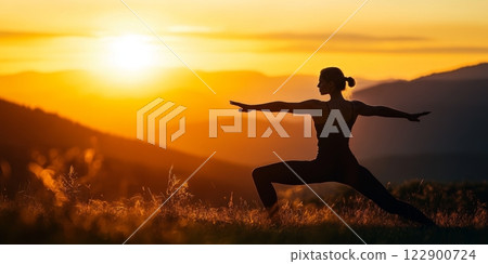 Woman practicing yoga warrior pose at sunset in mountains 122900724