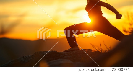 Woman practicing yoga warrior pose at sunset on mountain peak 122900725
