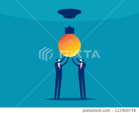 Business group trying to replace a light bulb. Business teamwork vector flat style 122900739