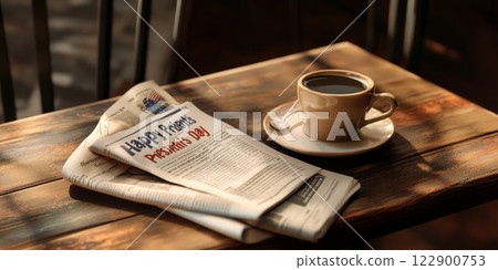 Celebrating president's day with coffee and newspaper on rustic wooden table 122900753