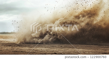 Big cloud of dust exploding over dry soil in a desert landscape 122900760