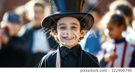 Young boy wearing a top hat and smiling during president's day celebration 122900790