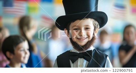 Boy wearing abraham lincoln costume smiling at school for president's day 122900791