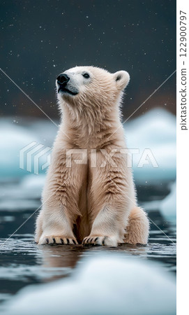 Alone polar bear cub is sitting in water with snow 122900797