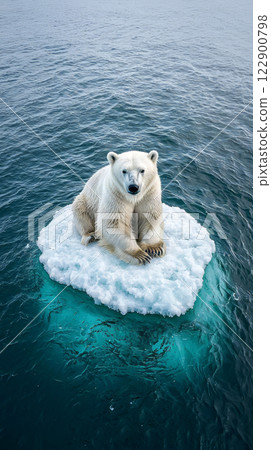 Polar bear is sitting in water on a small melting 122900798