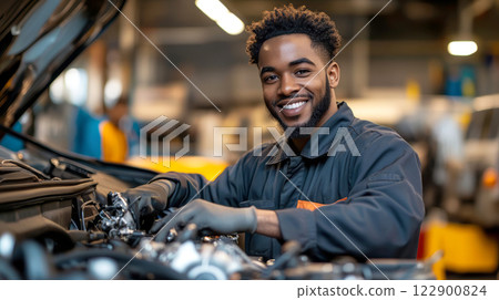 Smiling african american car mechanic makes out 122900824
