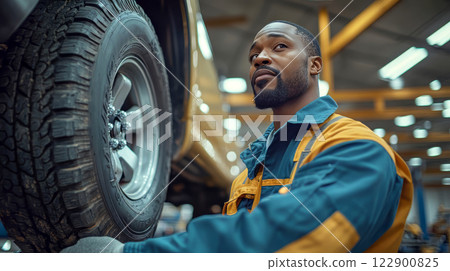 African american auto mechanic dressed in working 122900825