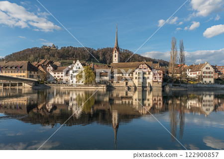 View across the Rhine to the medieval old town of Stein am Rhein in Switzerland 122900857