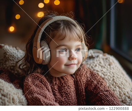 Neurodivergent Child in Noise Canceling Headphones Engaged in Comforting Sensory Play with Soft Textures 122900888