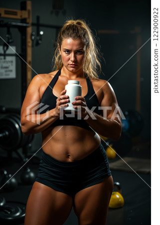 Determined plus size woman holding supplements in gym setting 122900922
