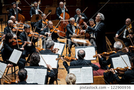 Orchestra conductor leading musicians playing violins in concert hall 122900936