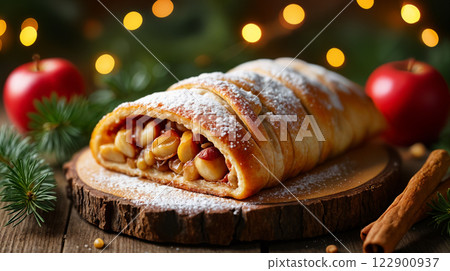 Apple strudel with cinnamon sticks, nuts, and pine branches celebrating christmas holidays 122900937