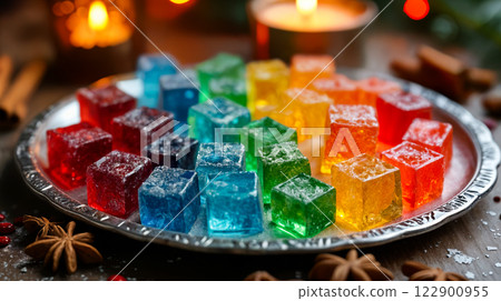 Colorful rainbow candies sparkling on silver tray during christmas time 122900955