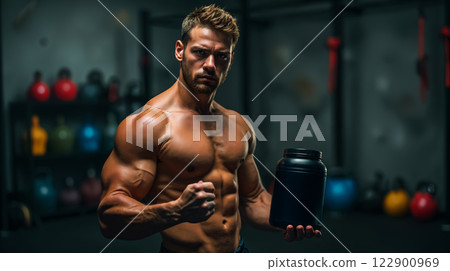 Muscular bodybuilder holding protein jar in gym after workout 122900969
