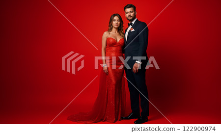 Elegant couple posing on red background for advertising banner copy space 122900974