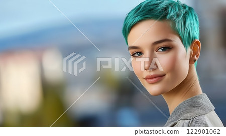 Confident Nonbinary Individual with Short Teal Hair in Androgynous Fashion Posing in Urban Street Style 122901062