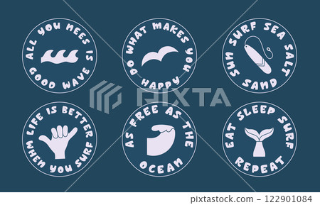 Surfing, ocean quotes, icons in round frame. Simple wave, sigal, surf symbols for camp, resort stickers, merch, t short design. Surfing, ocean quotes, icons in round frame. Simple wave, sigal, surf symbols for camp, resort stickers, merch, t short design. 122901084