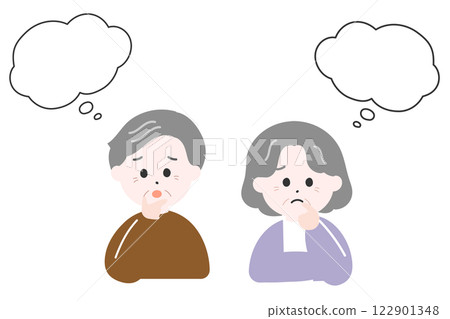 Worried elderly couple, elderly men and women, cloud-shaped speech bubble 122901348