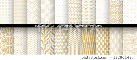 Geometric set of seamless golden and white patterns. Simple vector graphics 122901453