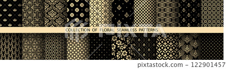 Geometric floral set of seamless patterns. Golden and black vector backgrounds. Damask graphic ornaments 122901457