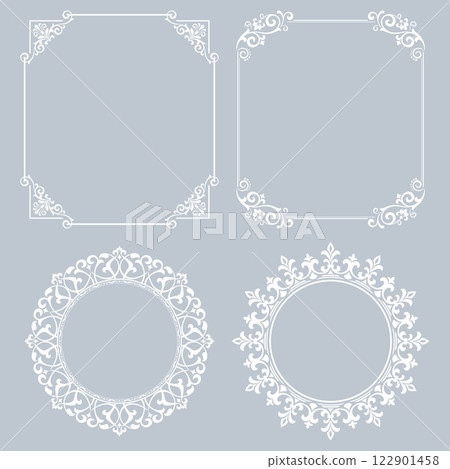 Set of decorative frames Elegant vector element for design in Eastern style, place for text. Floral gray and white borders. Lace illustration for invitations and greeting cards 122901458